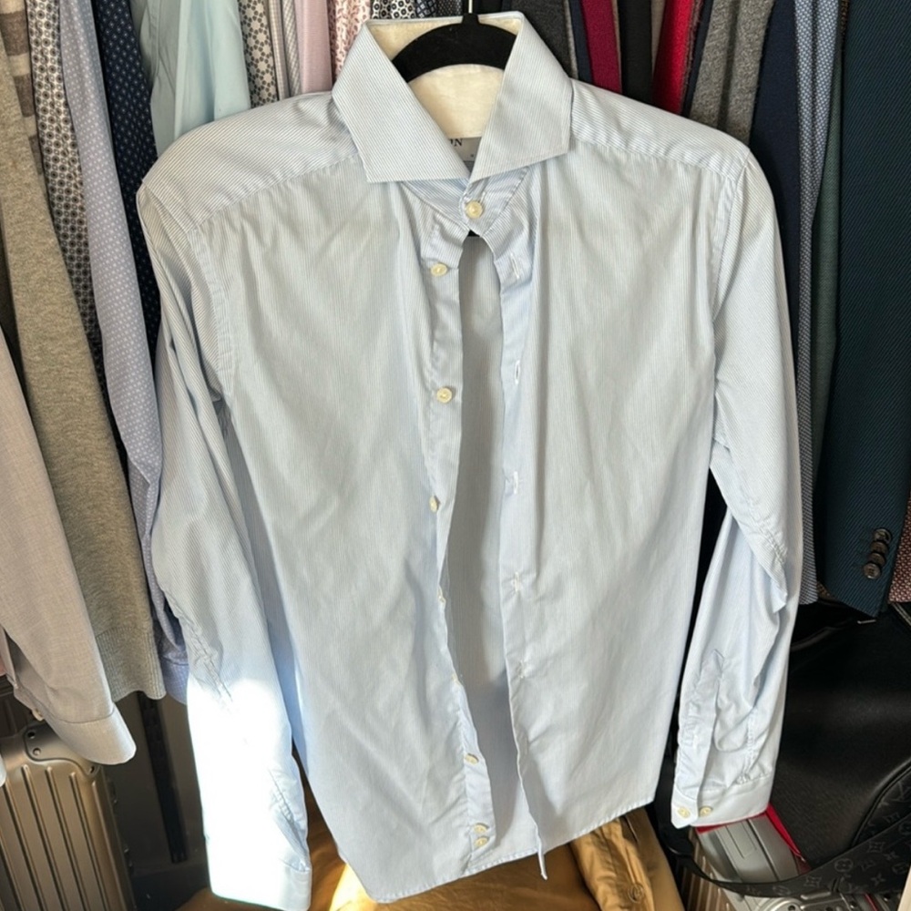 Eton Mens Button-Up Shirt Navy Diamond Dot Long Sleeve 15 Super Slim